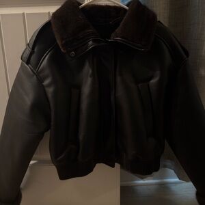 Zara Black Leather Jacket with Dark Brown Fur Collar